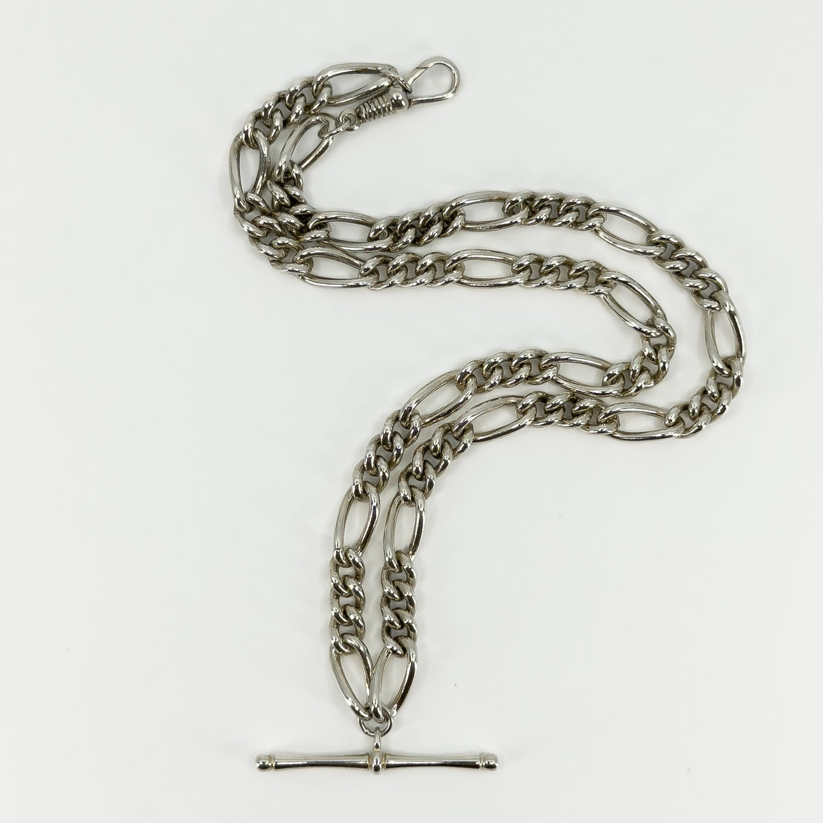 Vintage Sterling Silver Fancy Figaro Link 17” Albert Chain & T-Bar 925