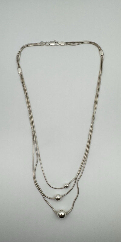 3 Row Strand Beaded Ball 18” Necklace in Sterling Silver 925 13g *