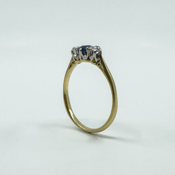 Antique 18ct Gold Sapphire & Old Cut Diamond Trilogy Ring 750 Size P
