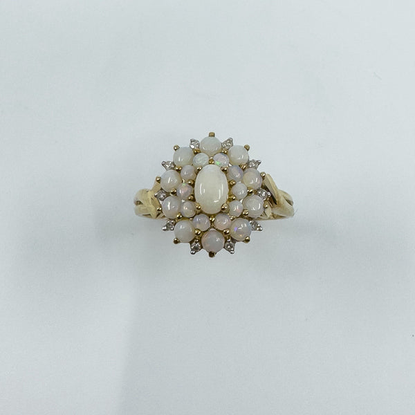 Vintage 9ct Gold Opal & Diamond Cluster Ring 375 Size U - V (Birmingham 2005)