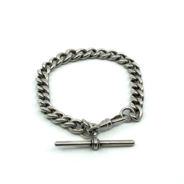 Chunky Sterling Silver Vintage Curb Links Bracelet Dog Clip & T-Bar Charm 925