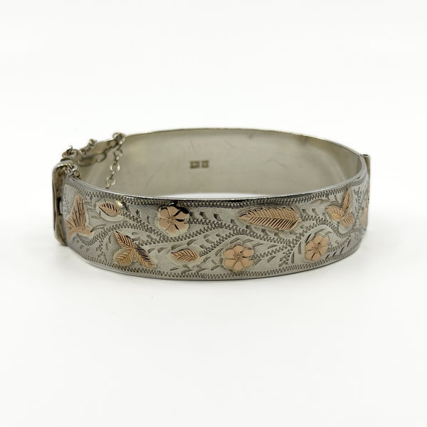 Vintage Sterling Silver & Rose Gold Engraved Floral Bangle 925 (Birm 1971)