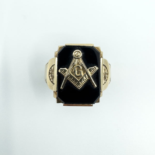 Vintage 10ct Gold Masonic Black Onyx Signet Ring 375 Size V - W intial G