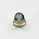 Vintage 9ct Gold Chunky Carved Blue Agate Cameo Locket Ring 375 Size S - T