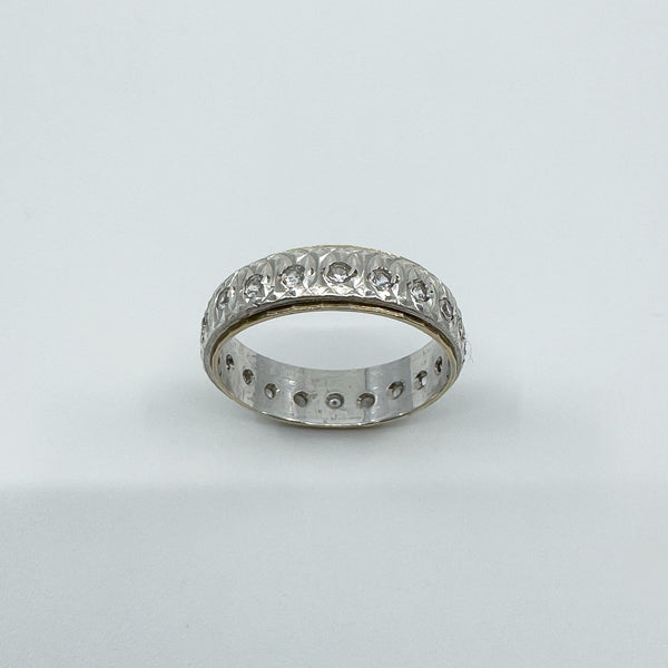 Vintage 9ct Gold & Silver White Spinel Engraved Full Eternity Band Ring Size N