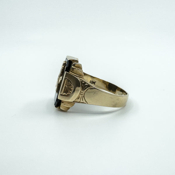 Vintage 10ct Gold Masonic Black Onyx Signet Ring 375 Size V - W intial G