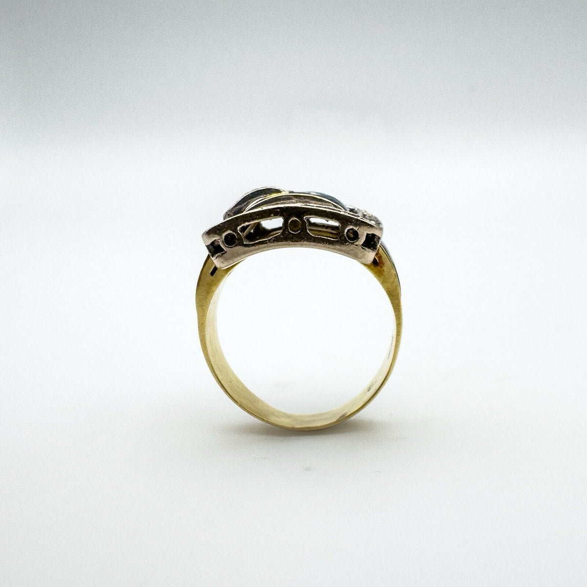 Unusual Vintage 18ct Gold Diamond & Floral Enamelled Buckle Ring Size M Heavy 6g