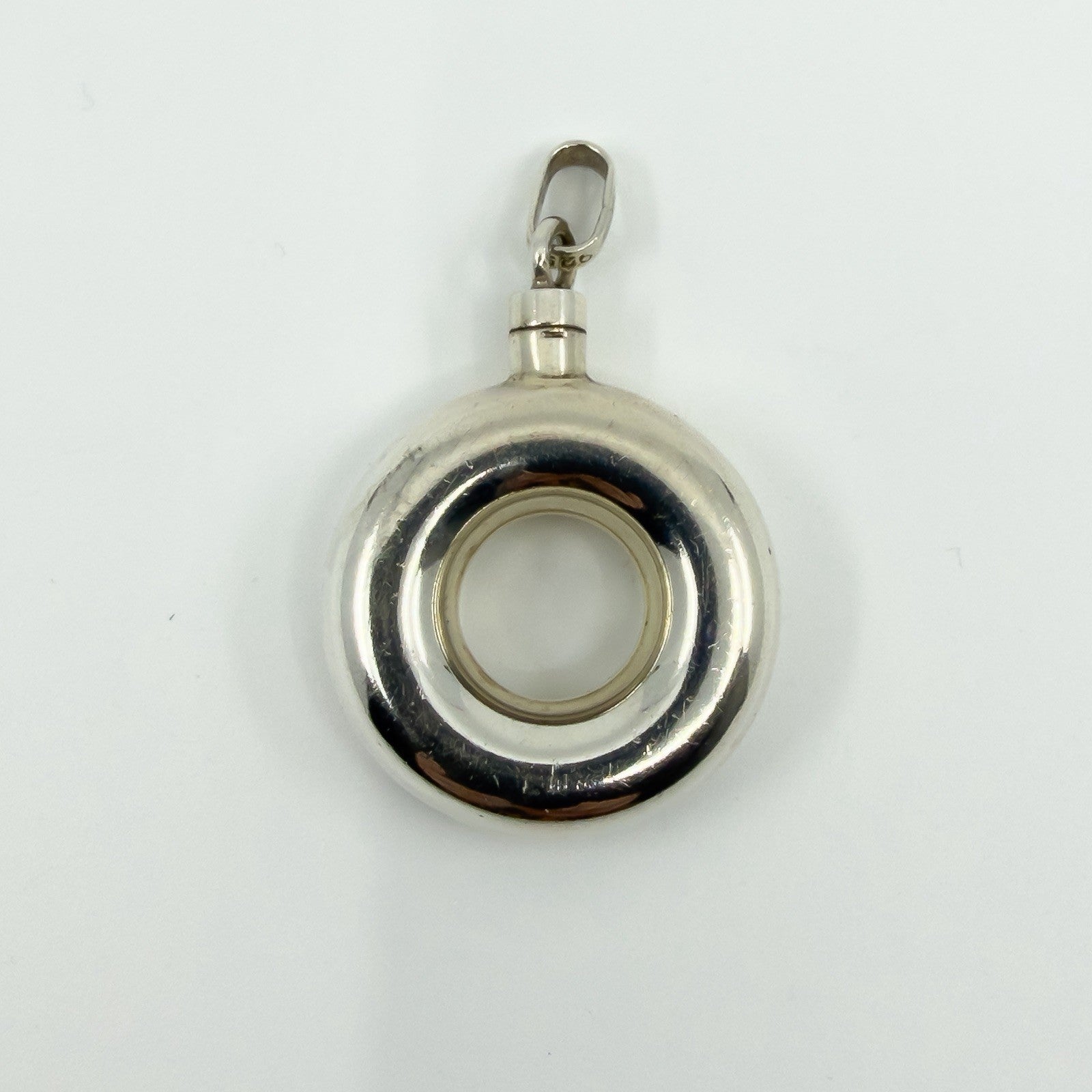 Unusual Chunky Vintage Sterling Silver Round Perfume / Poison Bottle Pendant 925