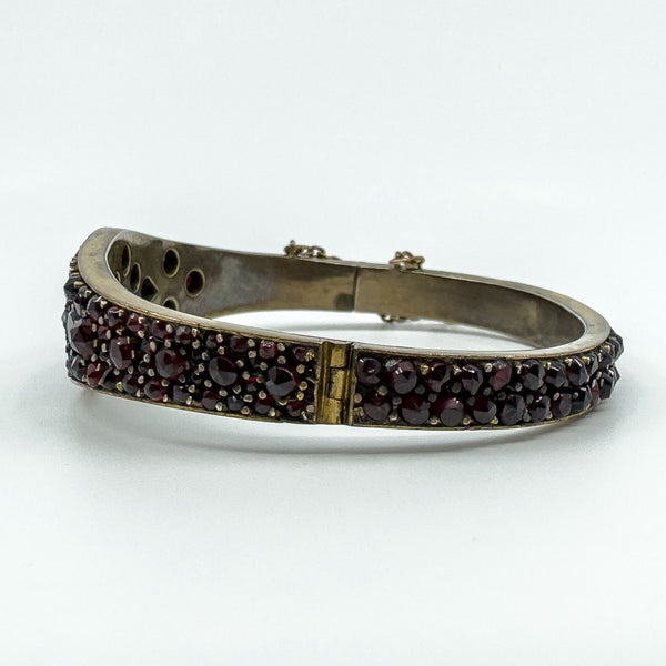 Antique Silver Gilt Bohemian Rose & Flat Cut Garnet Hinged Bangle / Bracelet