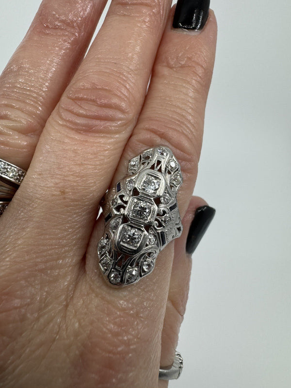 Antique / Art Deco Platinum Diamond & Sapphire Trilogy Navette Ring Size M