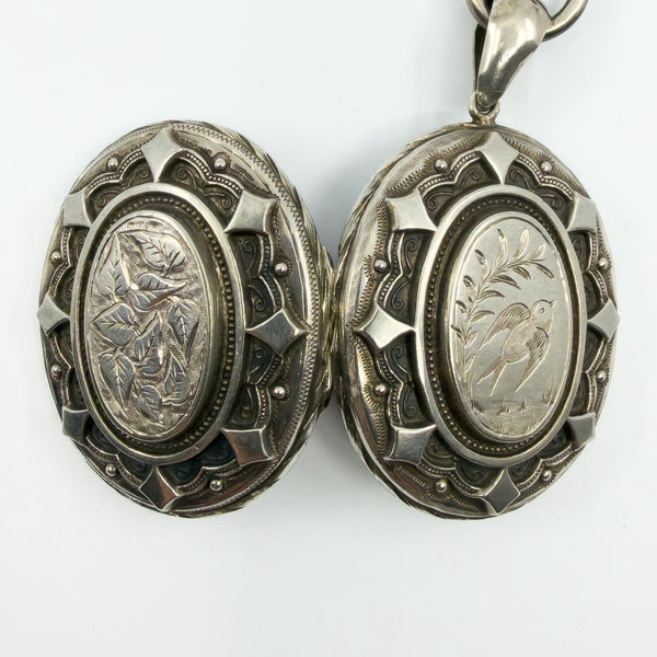 Large Antique Victorian Sterling Silver Reversible Locket & 18.5" Book Chain 925