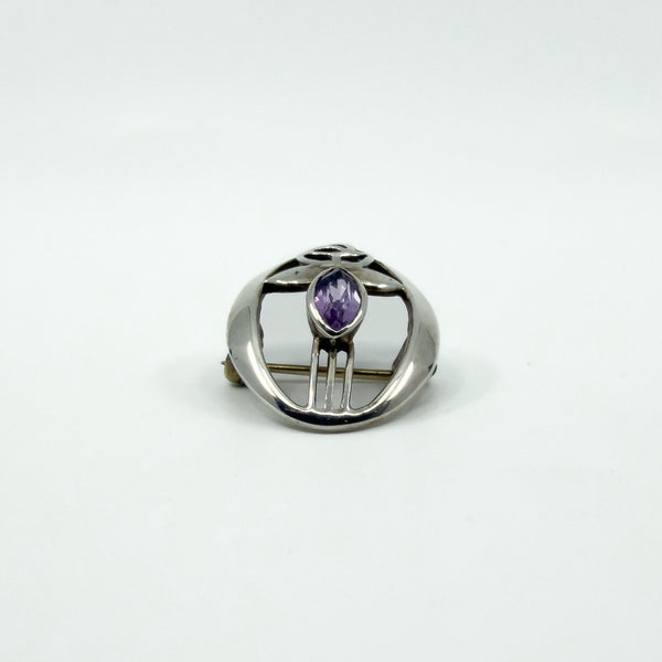 Vintage Sterling Silver Amethyst Oval Rose & Vine Brooch 925