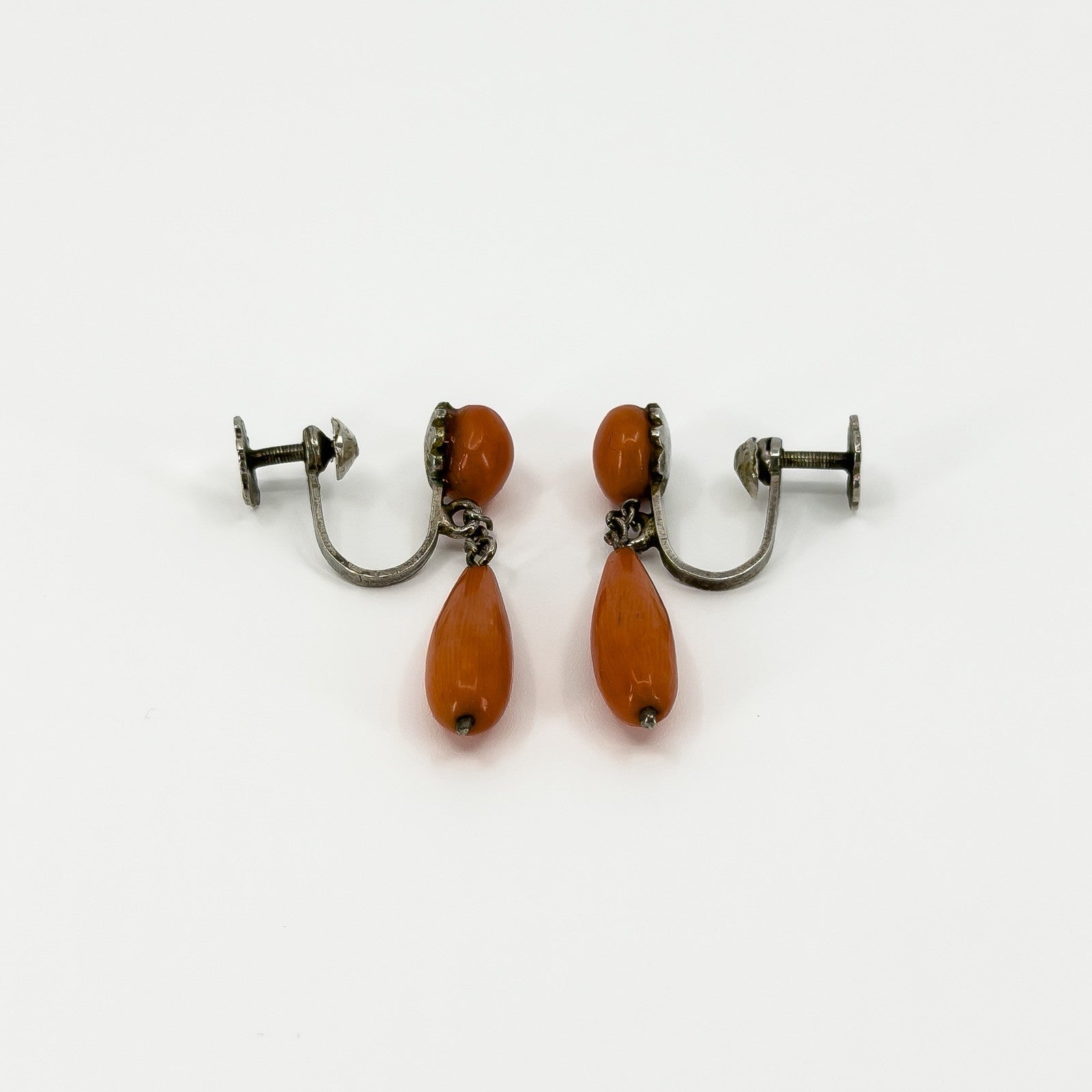 Antique Victorian Sterling Silver Natural Coral Screw Back Earrings 925