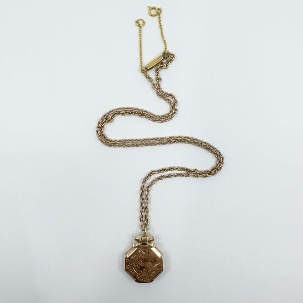 Vintage 9ct Rose Gold Swallow Engraved Photo Locket & 19" Chain / Necklace 375