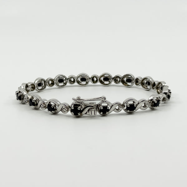 Sterling Silver Natural Sapphire & Diamond Tennis 7.5" Bracelet 925