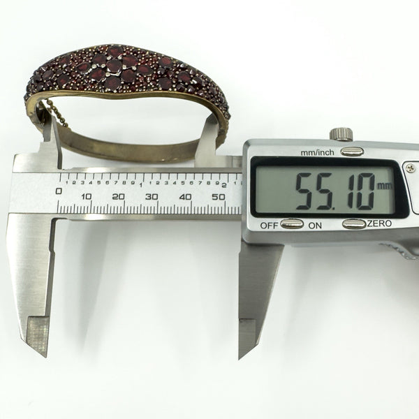 Antique Silver Gilt Bohemian Rose & Flat Cut Garnet Hinged Bangle / Bracelet