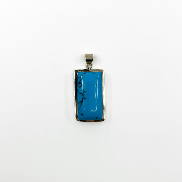Large Chunky Sterling Silver Modernist Blue Turquoise Pendant 925