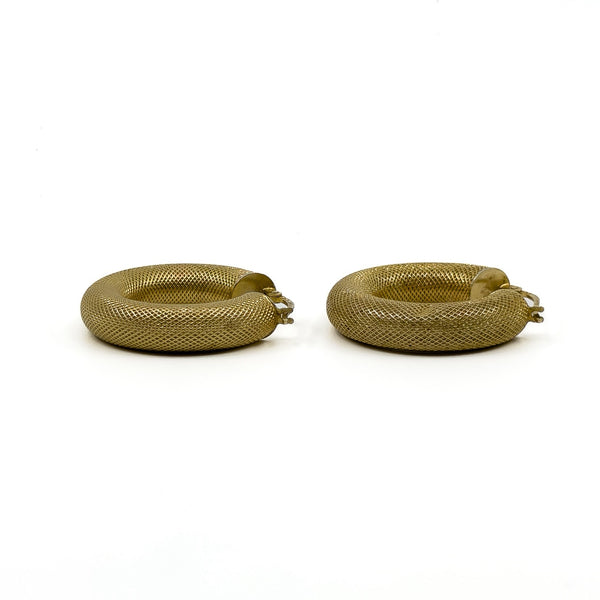 Vintage 9ct gold mesh hoop earrings lying flat with chunky rounded shape