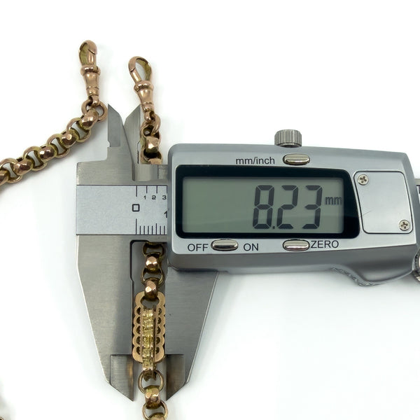 Antique 9ct rose gold Albert chain link measurement showing approx 8.2mm width