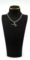 Front view of the sterling silver Albert chain worn on a black bust, with T-bar fastened at the front.