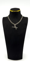 Antique sterling silver Albert chain with T-bar and drop links, shown on a black display bust.
