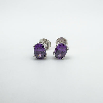 Front view of oval amethyst stud earrings in sterling silver 925