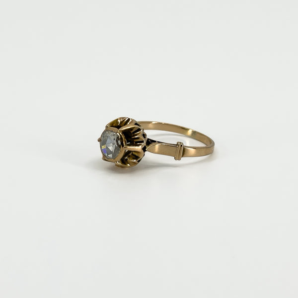 Opposite side view of antique 14ct rose gold ring showing the rose-cut diamond, prongs and detailed shoulder.