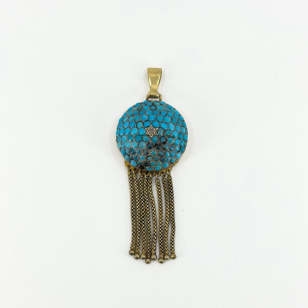 Front view of Victorian 18ct gold pendant with pavé turquoise, rose-cut diamond and articulated gold tassels.