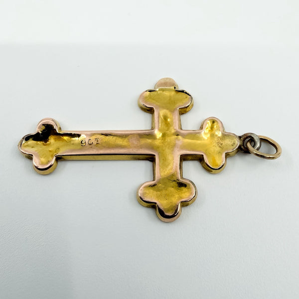 9ct stamp on the plain back of an antique rose gold Christian cross pendant