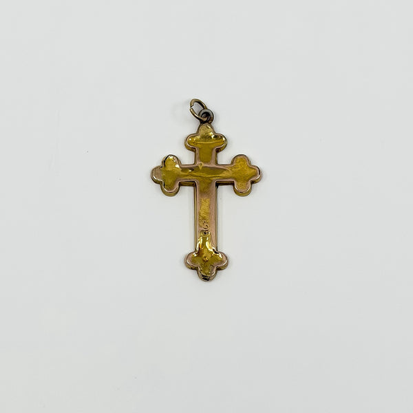 Plain back of an antique 9ct rose gold Christian cross pendant with reversible design