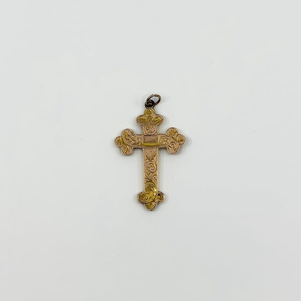 Antique 9ct rose gold Christian cross pendant with foliate engraving to the front
