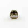 Full view of antique Georgian 9ct gold amethyst trilogy ring showing the band and three-stone setting