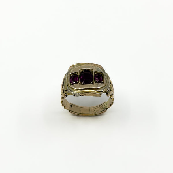 Full view of antique Georgian 9ct gold amethyst trilogy ring showing the band and three-stone setting