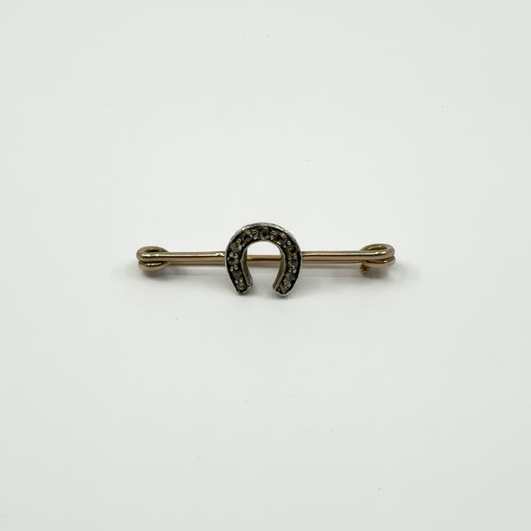Antique 9ct gold bar brooch with silver set rose cut diamond lucky horseshoe motif