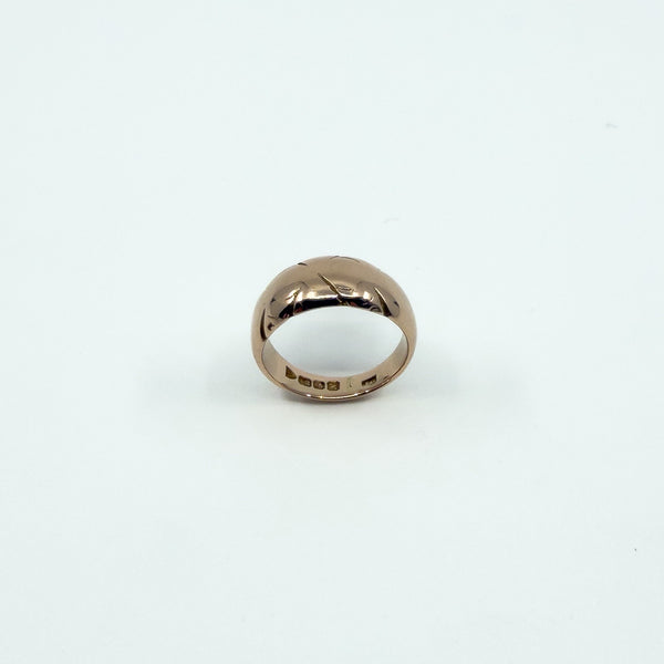 Front view of antique 12ct rose gold wide band ring, Size J, showing Art Nouveau engraved pattern