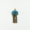 Full view of Victorian 18ct gold tassel locket with natural turquoise, rose-cut diamond and articulated chains.
