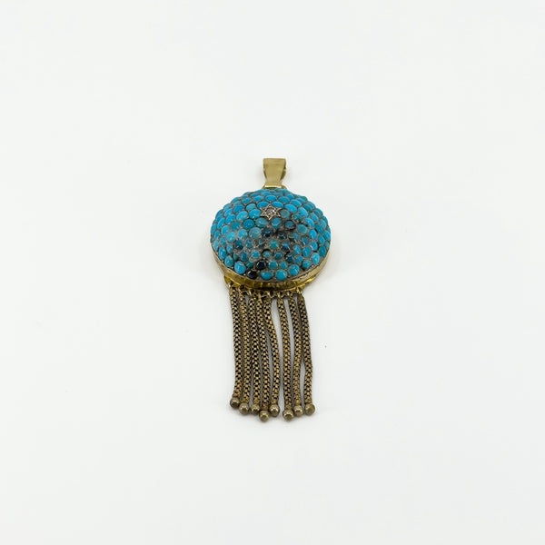 Full view of Victorian 18ct gold tassel locket with natural turquoise, rose-cut diamond and articulated chains.