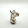 Angled view of antique sterling silver horse head pendant set with purple amethyst, Victorian Birmingham 1876
