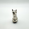 Front view of antique sterling silver horse head pendant with purple amethyst, Victorian 1876