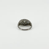 Rear view of Art Deco platinum diamond ring showing openwork beneath the stones
