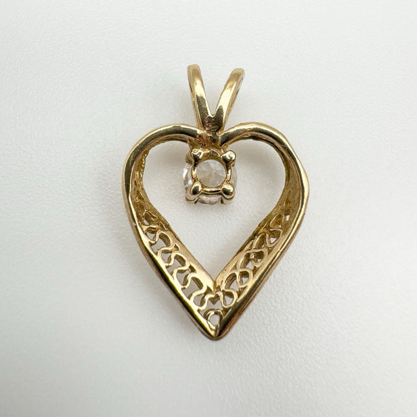 Reverse side of 9ct gold heart pendant showing open back setting and CZ stone mounting.