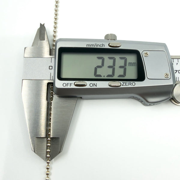 Digital calipers measuring the sterling silver ball chain width at approximately 2.33mm.