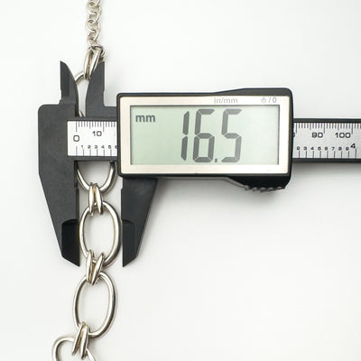 Length of oval link on silver bracelet measured at 16.5mm
