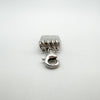 Close-up of lobster clasp and spiral binding on silver notebook charm