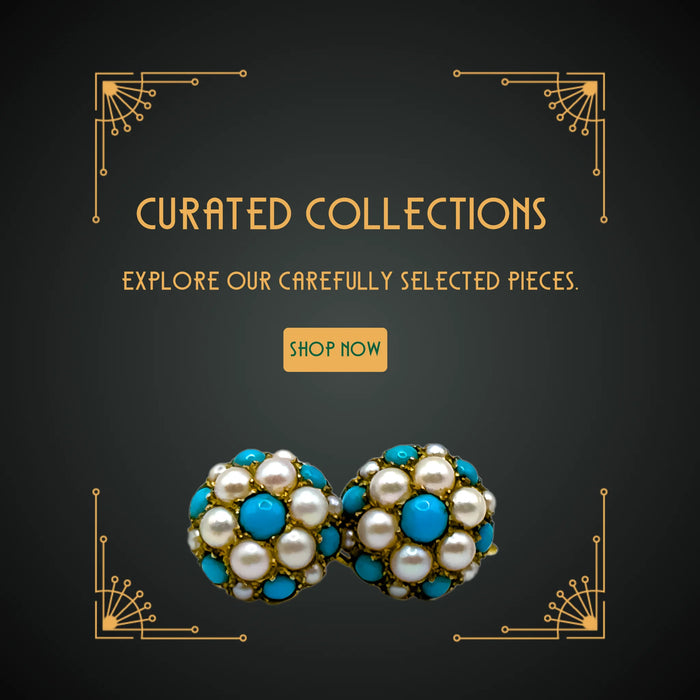 Art Deco banner with turquoise and pearl jewellery promoting curated collections 