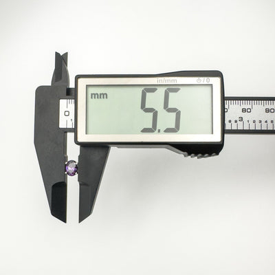 Digital caliper measuring amethyst stud earring width at 5.5mm