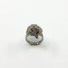 Front view of vintage sterling silver elephant locket ring with trunk, ears and wide band