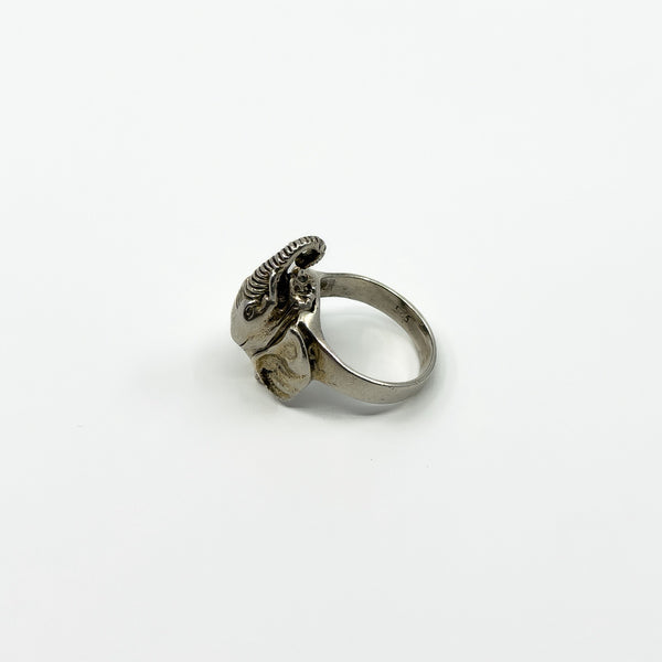 Side view of vintage sterling silver elephant locket ring with hinged head detail