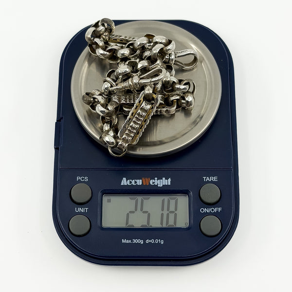 Antique Victorian sterling silver Albert chain on digital scales weighing approximately 25.1g