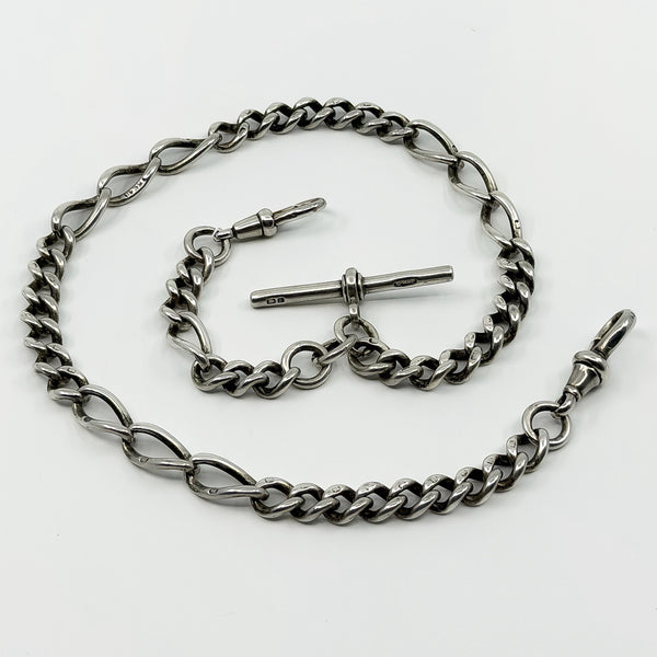 Antique 1899 sterling silver Figaro Albert chain with large T Bar and two dog clips
